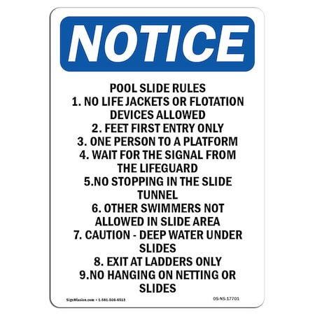Signmission Safety Sign, OSHA Notice, 14" Height, Aluminum, Pool Slide Rules 1. No Life Jackets Sign, Portrait OS-NS-A-1014-V-17701